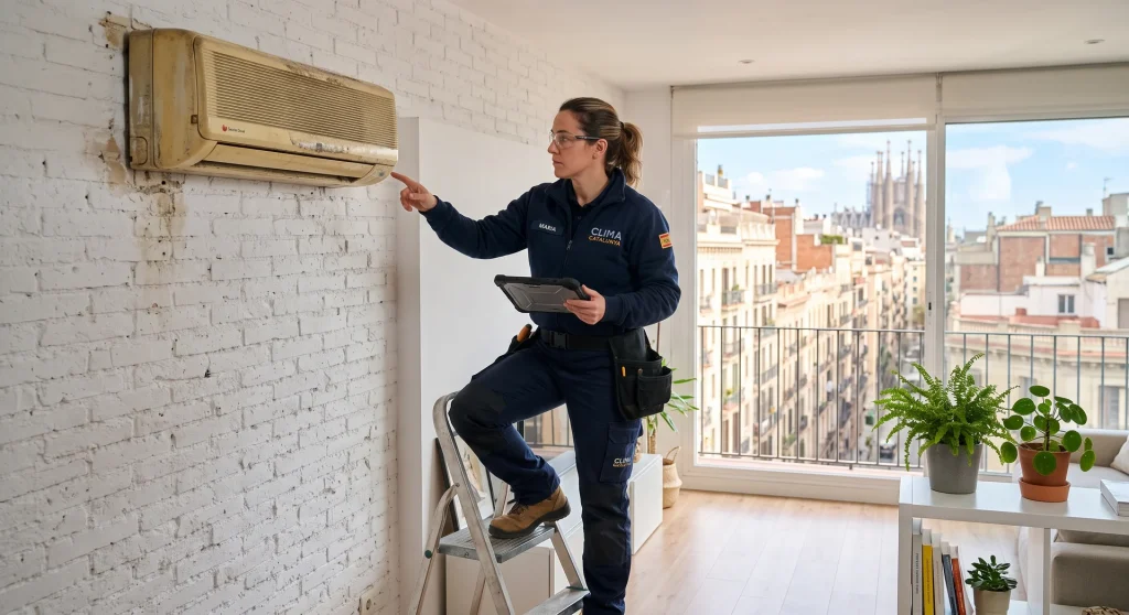 técnica de climatización evaluando aire acondicionado antiguo que hay que cambiar en piso de Barcelona