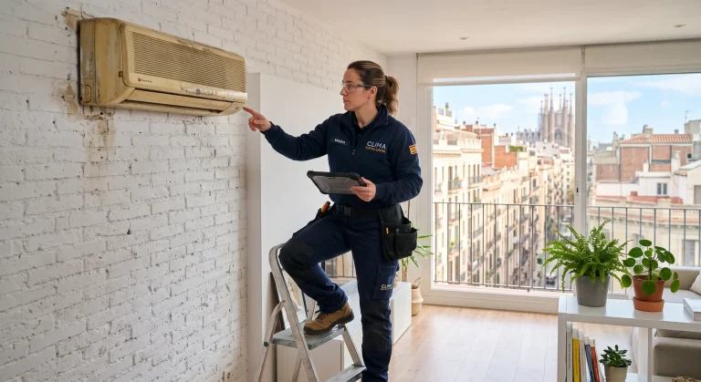 técnica de climatización evaluando aire acondicionado antiguo que hay que cambiar en piso de Barcelona
