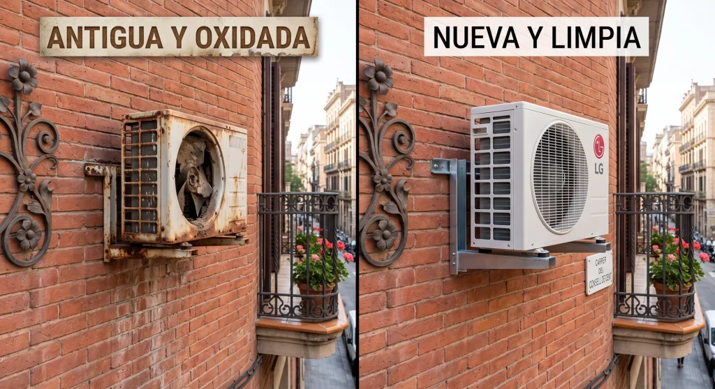 comparativa entre unidad exterior de aire acondicionado antigua oxidada y unidad nueva en fachada de ladrillo de Barcelona