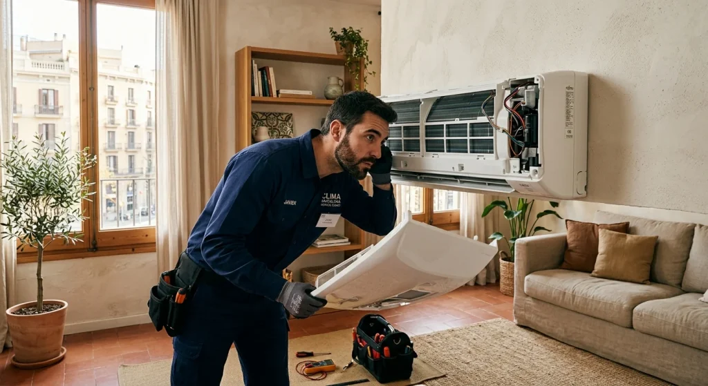 técnico escuchando el ruido del aire acondicionado split abierto en salón de Barcelona
