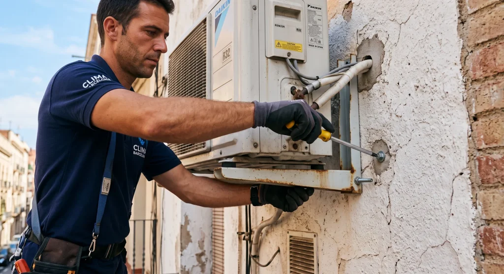 técnico ajustando soportes de unidad exterior de aire acondicionado ruidosa en fachada de Barcelona