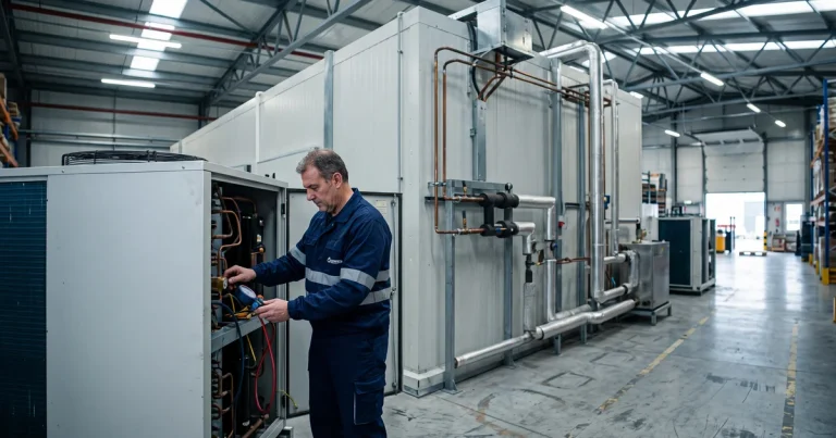 Técnico revisando avería en cámara frigorífica industrial