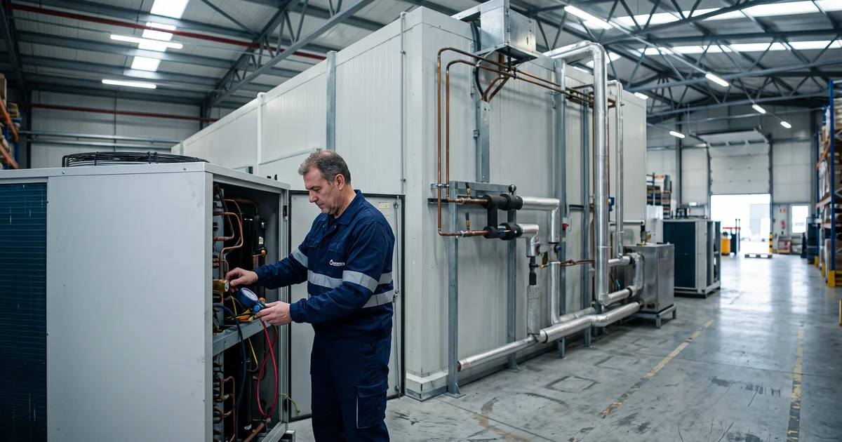 Técnico revisando avería en cámara frigorífica industrial