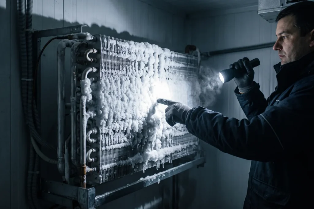Evaporador de cámara frigorífica industrial con hielo excesivo