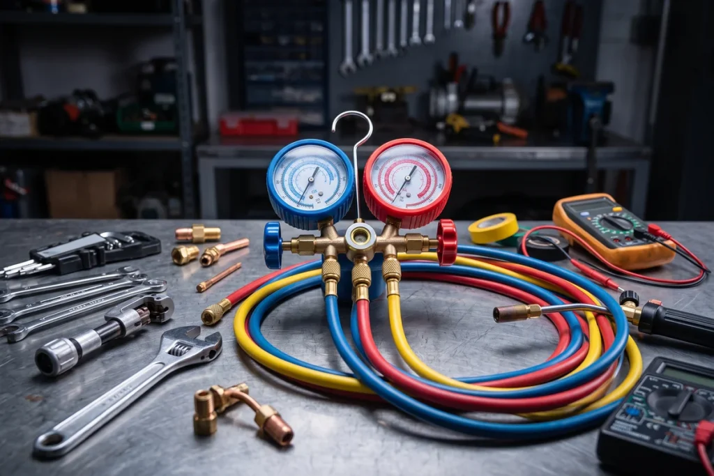 Técnico revisando sistema de refrigeración de cámara frigorífica industrial